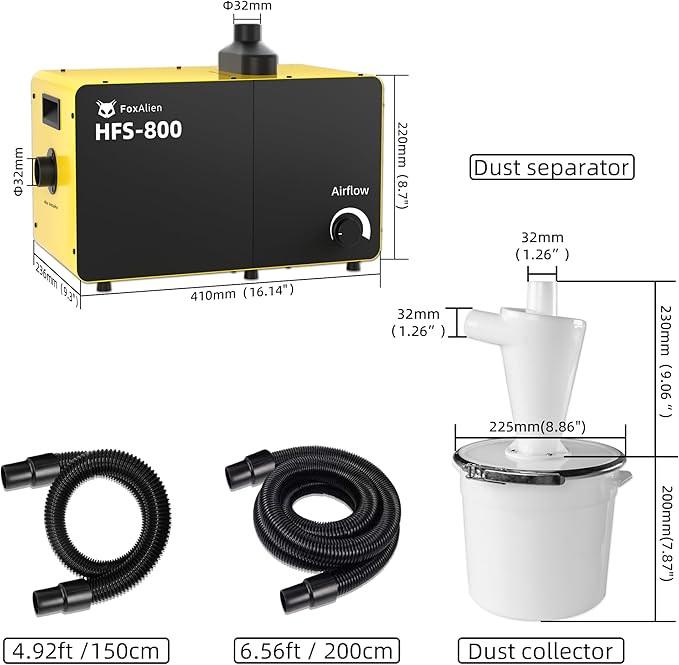 FoxAlien 800W Desktop Dust Collector HFS-800 with Cyclone Dust Separator for CNC Cutting Woodworking, Air Filtration System with HEPA and Carbon Filter, Airflow Adjustable（110V）