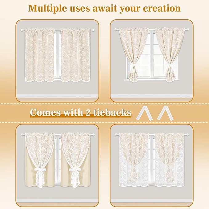 Yinhua Beige Kitchen Curtains 36 Inch Length Double Layer Blackout Cafe Curtains - Image 6