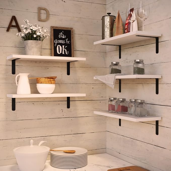 RICHER HOUSE Rustic Wood Floating Shelves Set of 5, Wall Mounted Shelf 16in | - Image 5