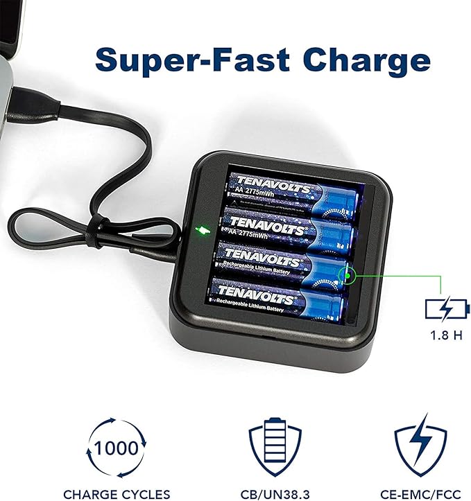 TENAVOLTS 1.5V Lithium Rechargeable AA Batteries, AA Battery for Xbox Controller, AA Rechargeable Batteries for Blink Camera with USB Cable Type C Port, 1.8 Hour Fast Charging, 2 Count with Charger