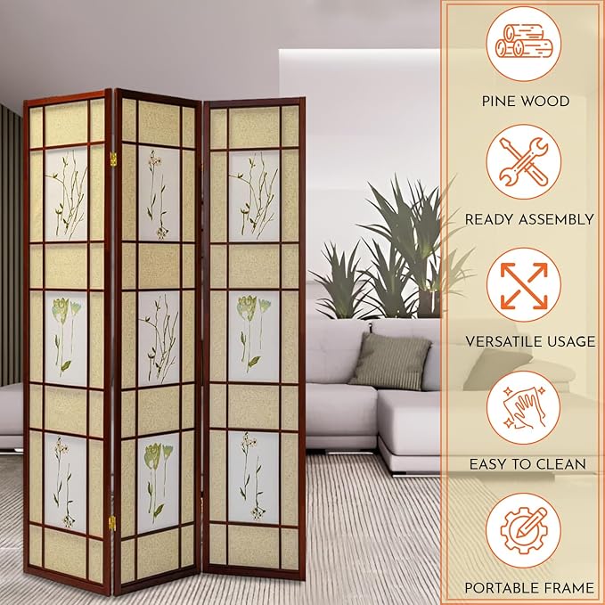 Legacy Decor Room Divider Screen 71-in Tall 4-Panel Cherry Botanical Print | - Image 6