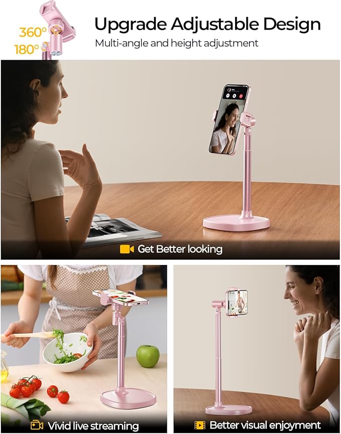 DIMONCOAT Cell Phone Stand for Desk, Stocking Stuffers Gifts for Teens Girls Boys Adults，Phone Holder Angle Height Adjustable, Aluminum Alloy Universal iPhone Stand for iPhone 17 16 15 Pro Max -Pink