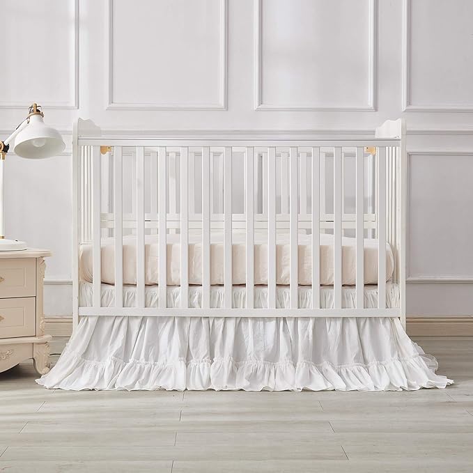 Brandream Crib Bed Skirt for Baby Girls Boys White Boho Bohemian Solid Cotton Toddler Bedskirt Farmhouse Chic Ruffle