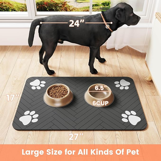 Pet Feeding Mat-Absorbent Pet Placemat for Food and Water Bowl, with Waterproof Rubber Backing, Quick Dry Water Dispenser Mat for Dog and Cat (27"x17", Striped Dark Gray)