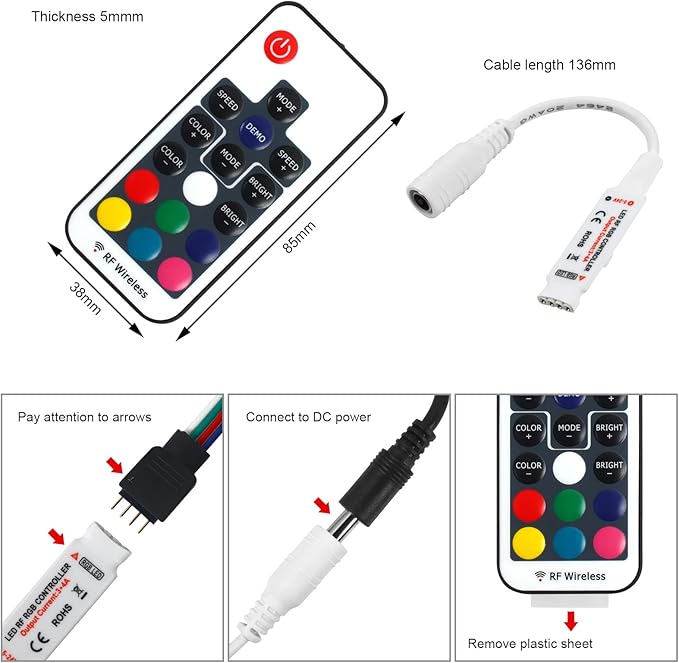 Taoellen RF Wireless Remote LED Controller,DC 5V-24V RGB Controller for 5050 3528 5630 LED Strip Lights,19 Modes 20 Colors Wireless Dimmer,Memory Function,12A Max Load