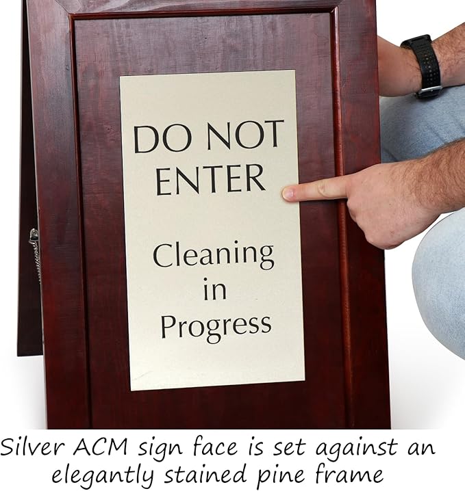 SmartSign Premium 'Do Not Enter Cleaning in Progress' Wooden A-Frame Standing Floor Sign, 2-Sided, 24" x 15", Hardwood Pine Frame, 120 mil Silver ACM Sign, Black on Silver, Made in USA