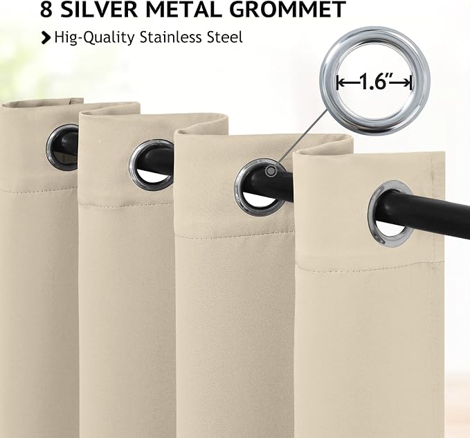 COSVIYA Grommet Beige Blackout Room Darkening Curtains 96 inch Long | Thick - Image 2