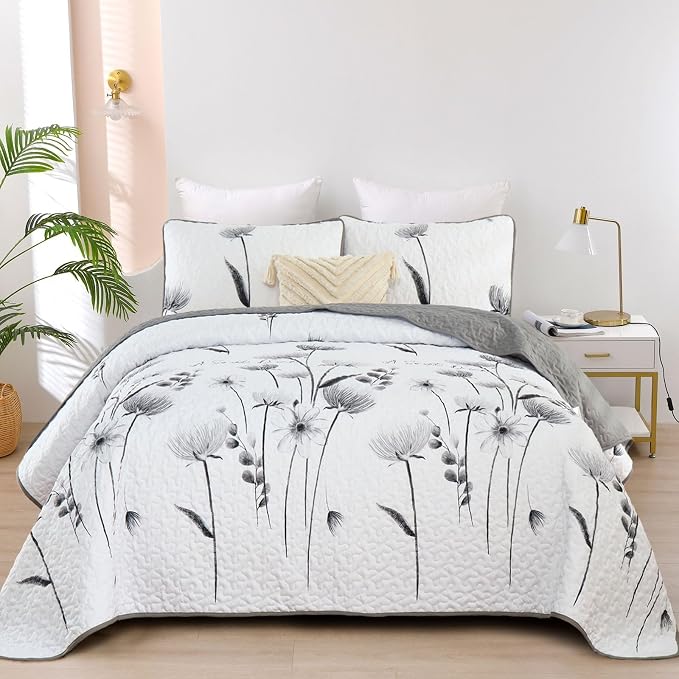 Dinjoy King Quilt Set, 3 Pieces Grey Boho Bedspreads, Fall Flower Bedding | by DINJOY