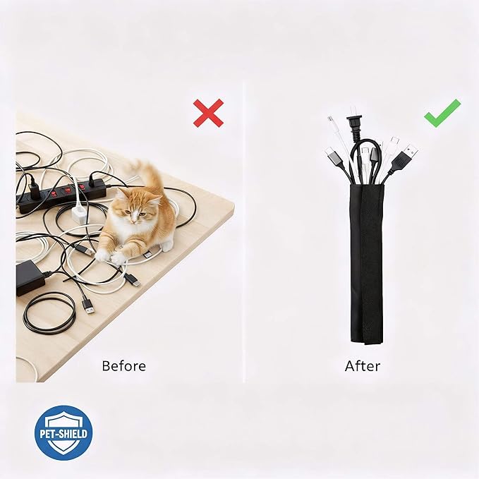 Flauzmann 1/2" - 6.6FT Chew Proof Cat Cord Protector（Hook & Loop Split Sleeve for Pets - Cat/Dog Proof Cable Management Sleeve for Office USB Computer Audio Cables, Flexible Wire Cover - Black