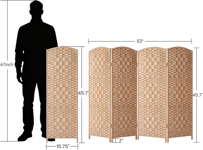 HALLYBEE Short Room Divider, Small Folding Privacy Screens, 4 Panel Natural | - Image 2