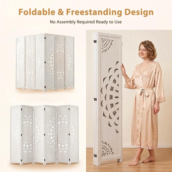 6 Panel Room dividers, 66.9" Boho Double-Sided Carved Screen, Freestanding - Image 3