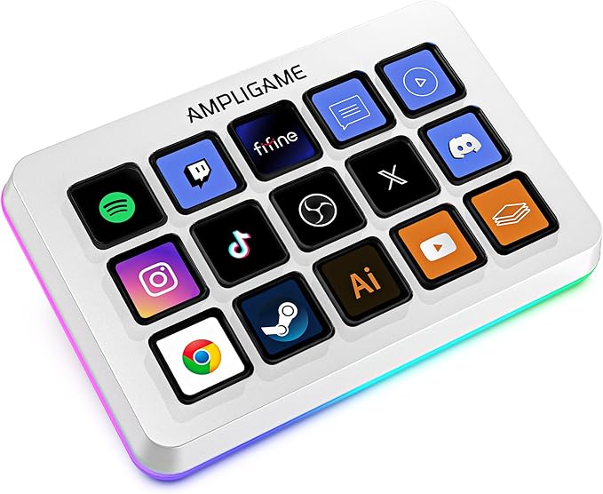 FIFINE AmpliGame Gaming Controller with 15 Shortcuts for OBS Streaming Studio with Macro Keys, Trigger Actions, PC Media RGB Controller for Content Creation/Office Work-D6 White