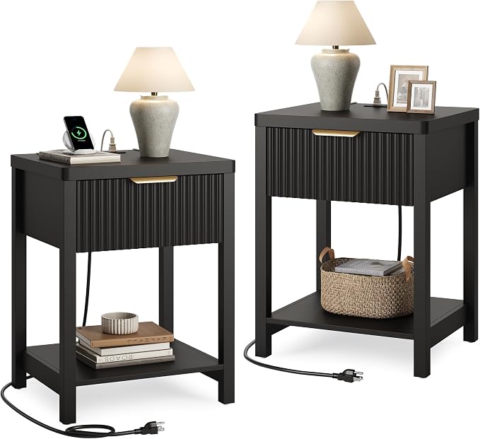 Night Stand Set 2, Fluted Wood Nightstands w/Charging Station by Lulive
