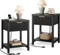 Night Stand Set 2, Fluted Wood Nightstands w/Charging Station by Lulive