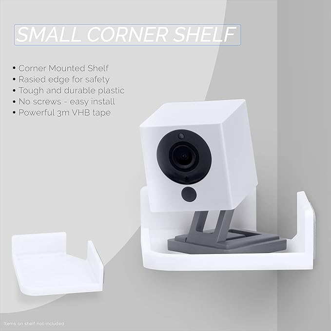 Mini Corner Shelf Mount for Security Cameras, Baby Monitors, Speakers, Plants & More, Universal Holder, Strong Adheasive, Easy to Install, No Mess, Screwless by Brainwavz (White)