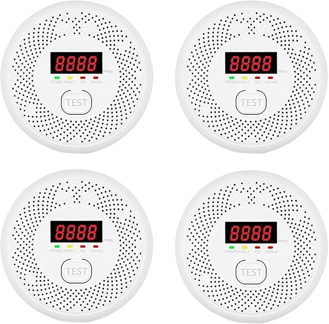 High Definition Color Screen Detector LCD Powered by Carbon Monoxide Detector and Smoke Alarm Battery (excluding Battery) (Compact Design, 4Pack-CO&Smoke)