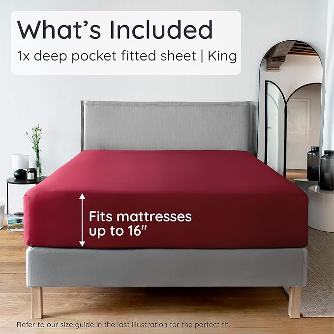 Bambaw 100% Viscose Derived from Bamboo King Size Fitted Sheet, Cooling, Deep Pocket, Burgundy