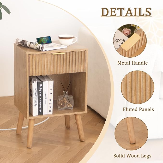 Fultyle Wood Nightstand with Charging Station, Bedside Table with Fluted - Image 3