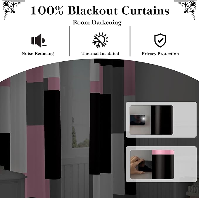 Pink 100% Blackout Curtains for Bedroom 72 inch Length 2 Panels Set Grey Modern Abstract Geometric Black Out Curtains Thermal Insulated Room Darkening Window Drapes for Living Room, 42Wx72L