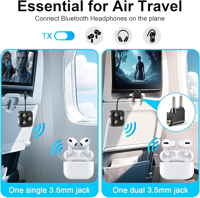 2026 Pro Bluetooth 5.4 Transmitter Receiver, 2-in-1 Wireless Audio Adapter for Airplane/TV/PC/Gym - Dual Link Headphone, Low Latency, Battery Display, Built-in Mic, 30H Playtime, Aviation Metal Frame