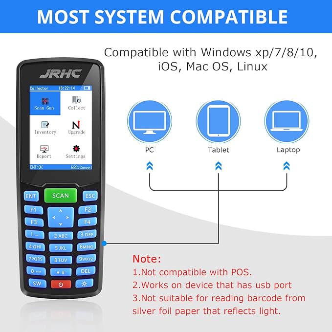1D 2D Barcode Scanner Wireless, JRHC Portable Inventory Scanner & Data Collector Data Terminal PDT Inventory Device with Long Transmission Distance 2.4G Wireless Bar Code Reader with 2.8" LCD Screen
