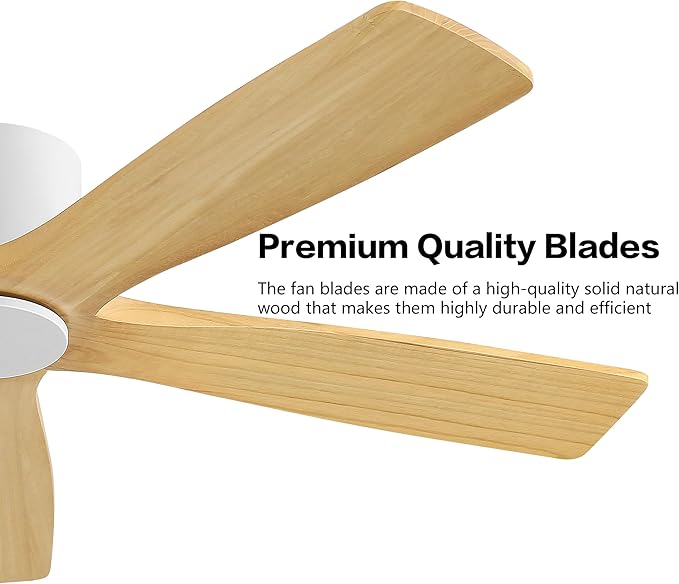 WINGBO 54" Flush Mount DC Ceiling Fans Without Lights, 5 Carved Solid Wood Blades, 6-Speed Reversible DC Motor, Low Profile Hugger Ceiling Fan No Lights for Living Room Bedroom Patio, White and Oak
