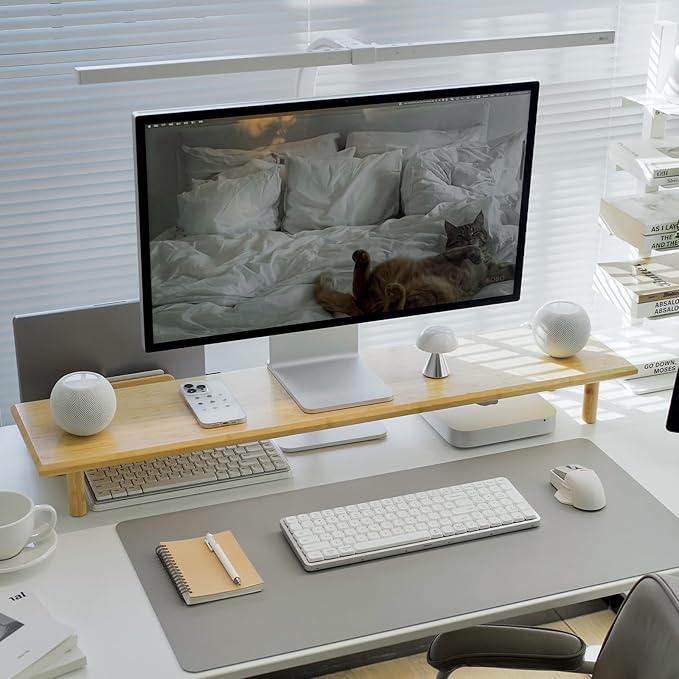 ROCDEER Bamboo Dual Monitor Stand Riser with Underneath Storage, Ergonomic Desk Shelf Supports PC Computer Monitor, Printer, TV for Home, Office, Natural