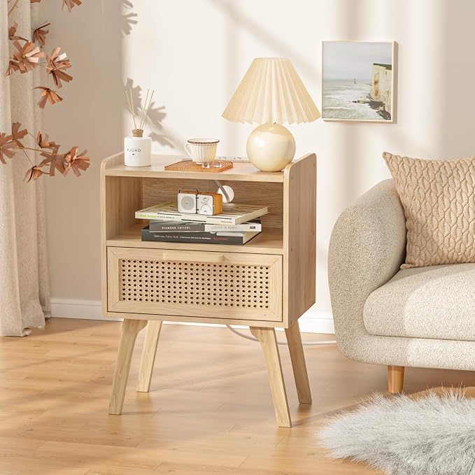 Lerliuo Rattan Nightstand with Charging Station, Boho Night Stand | Handmade - Image 9