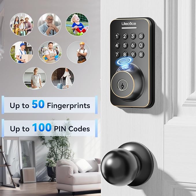 Ulecoce Fingerprint Keypad Deadbolt with Handle Set, Keyless Entry Door Lock, Door Locks for Front Door Lock Set, App Control, Auto Locking, Easy to Install, Oil Rubbed Bronze