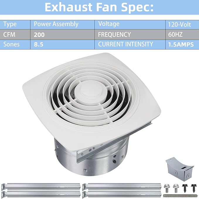 8 Inch Bathroom Exhaust Fan Ceiling Mount 200 CFM 8.5 Sones Kitchen Exhausts Fans,505 Exhaust Fan for Broan-NuTone,Vertical Discharge Ceiling Ventilation Fan for Bathroom Kitchen Laundry Room Garage
