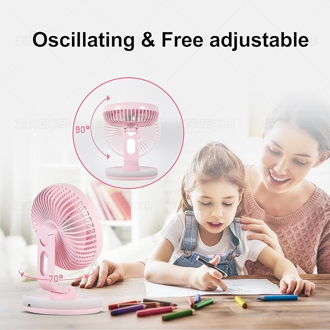 MAWFOZIN Small Desk Fan With Night Light, Auto Oscillating Table Fan With 3000mAh Rechargeable Battery, USB Personal Fan With 4 Speeds Wind, Adjustable Fan For Home, Office Bedroom, Camping (pink)