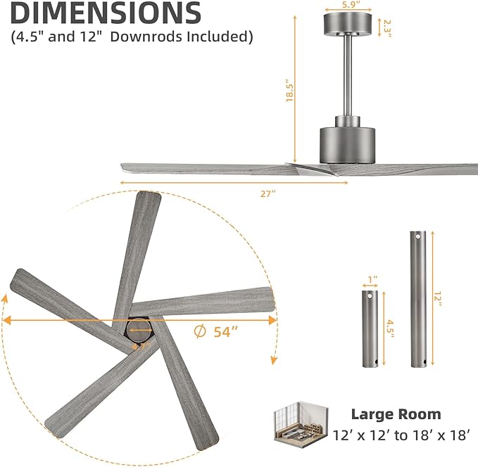 WINGBO 54" ABS DC Ceiling Fan No Light, 5 Blade Wood Grain ABS Ceiling Fan with Remote, 6-Speed Reversible DC Motor, Ceiling Fans without Light for Kitchen Bedroom Living Room, Antique Nickel and Grey