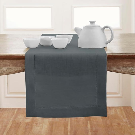Solino Home Linen Hemstitch Table Runner 36 Inches - 100% Pure Linen Dark Grey Table Runner 14 x 36 Inch Ideal for Dresser and Coffee Tables - Classic Hemstitch - Winter
