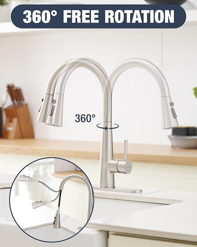 AIMADI Kitchen Faucet with Pull Down Sprayer – High Arc 360° Swivel Brushed Nickel Stainless Steel Kitchen Sink Faucet, 3-Mode Spray Head, Suitable for Farmhouse Modern Laundry Rv Bar