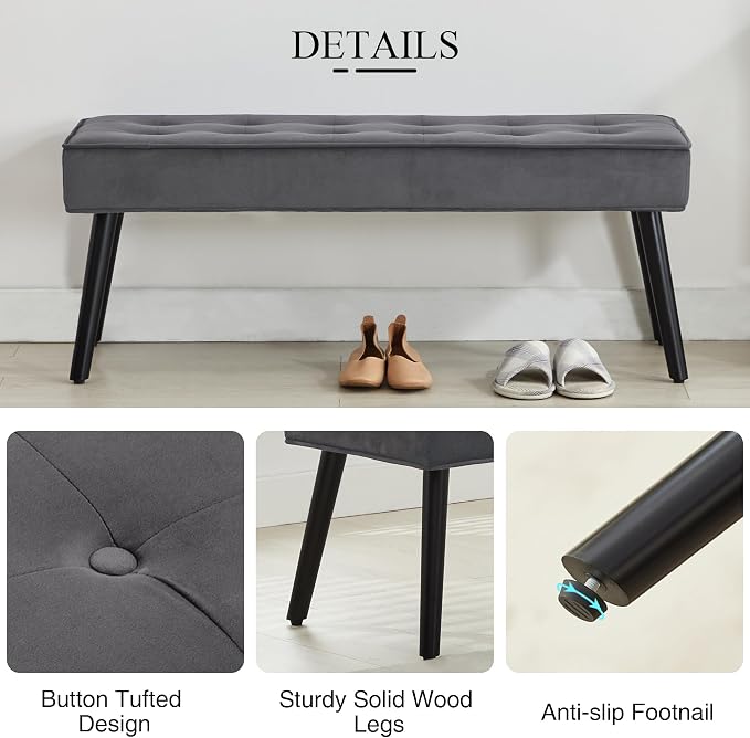 LOULENS Entryway Bench, Dark Grey | Wood Legs, Button Tufted, Upholstered Bench - Image 4