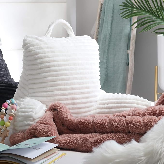 Nestl Reading Pillow for Kids & Teens with Shredded Memory Foam, Luxe Cut Plush Backrest Pillows for Reading and Gaming, for use on Couch, Bed, Floor, Adjustable Support with Washable Cover White