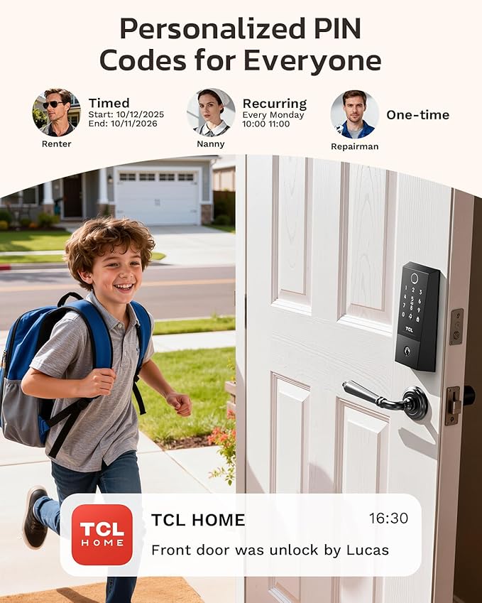 TCL D2 Plus Fingerprint Smart Lock, Wi-Fi Keyless Entry Door Lock, IP55 Weatherproof, Built-in Doorbell, Auto Lock, Easy Install, Black