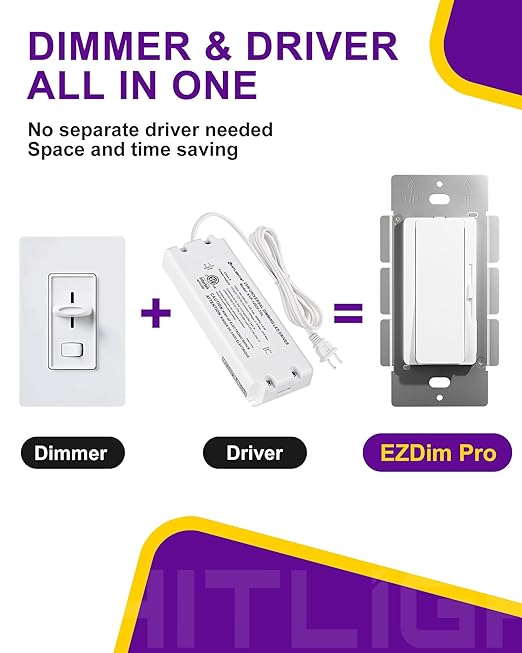 HitLights LED Driver and Dimmer Switch in One 120W, 120V AC to 12V DC, Compatible with Most Solid Color 12V Strip Tape Lights, UL Listed, Single-Pole/3-Way, EZDim Pro, White