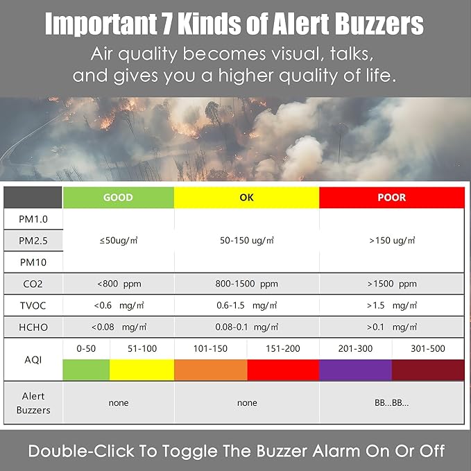 Professional Indoor Air Quality Monitor with AQI Alarms, Portable Real-Time Detector for Home Cars Plants and Pets (Cold Grey)