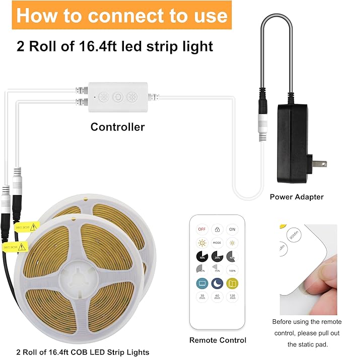 AXMOTUT 32.8ft COB LED Strip Light Warm White, High Bright LED Strips with 320LEDs, RF Remote and UL Power Supply, 2700K Dimmable LED Lights for Bedroom,Kitchen, DIY Home Decoration, 2 Rolls of 16.4ft