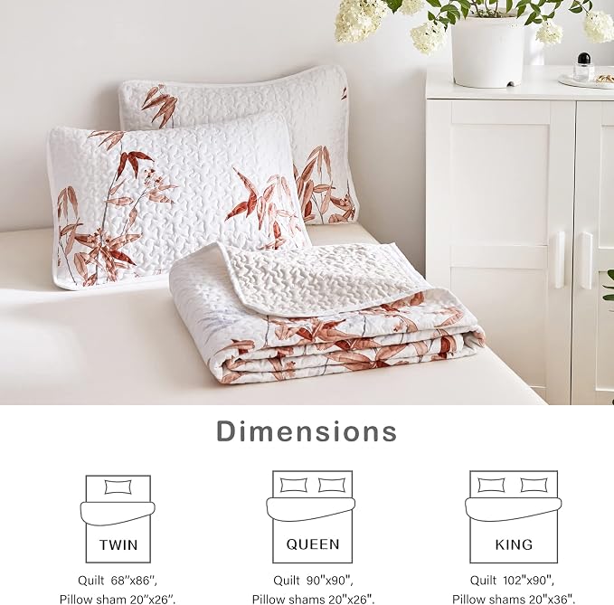 Botanical Quilt Set 3 Piece Full/Queen, Burnt Orange Leaves on White Design - Image 7