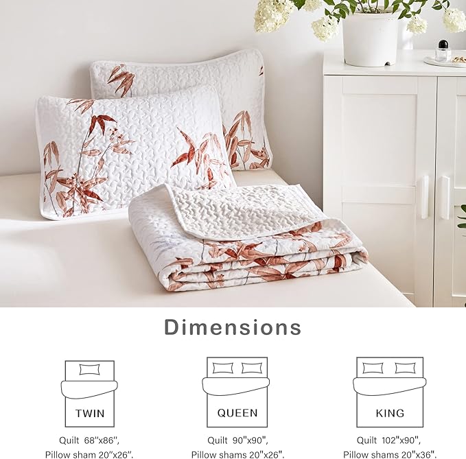 Botanical Quilt Set 2 Pieces Twin Size, Burnt Orange Leaves Printed on White - Image 7