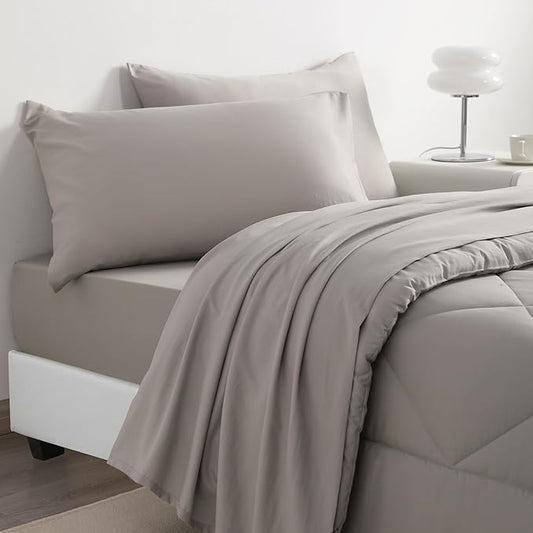 NTBAY Twin Comforter Set with Sheets, 5 Pieces Soft and Breathable Twin Bedding Set, Bed in a Bag, Down Alternative Comforter Set Solid Color All Season, Kids Bedding Set, Smoke Grey