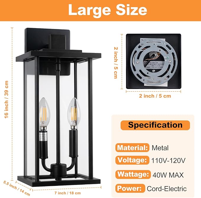 SIAFAVOI 2-Pack Large Outdoor Wall Light, 16" Exterior Lighting Fixtures Wall Mount, 2-Light Waterproof Wall Sconce, Modern Black Outdoor Lamps for Patio, Entryway