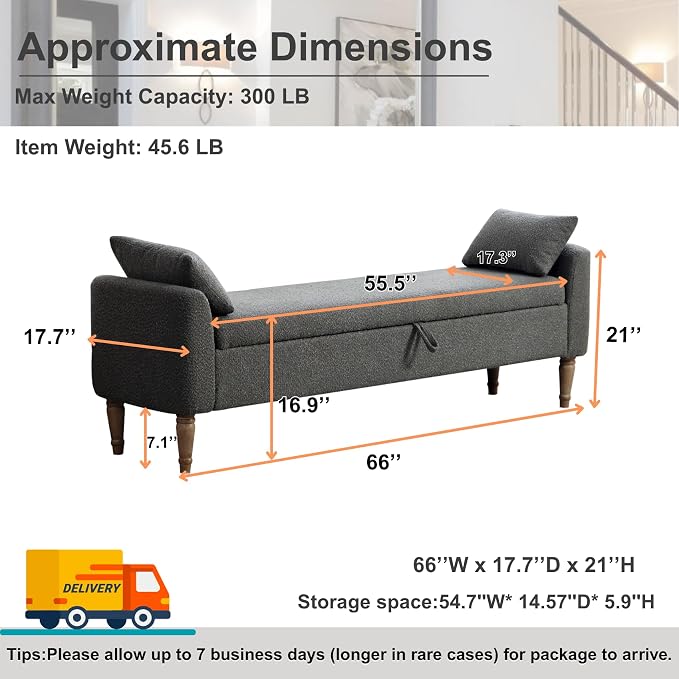 66" End of Bed Storage Bench for Bedroom - Image 2