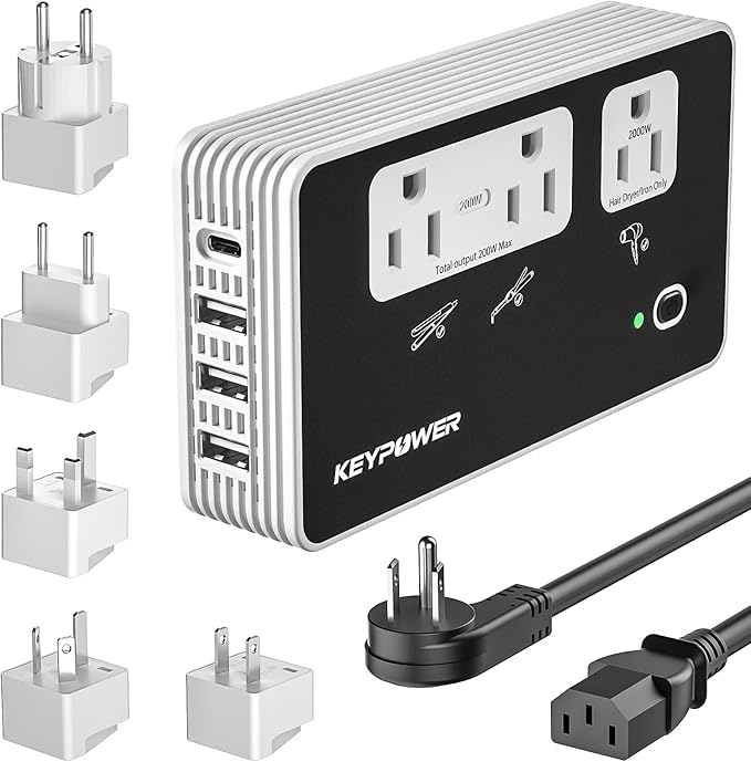 KEY POWER 2000W Voltage Converter US to Europe, 220V to 110V Converter for European Travel for Hair Dryer Straightener Curling Iron,International Universal Power Adapter with Type C, E/F, G, I, A.