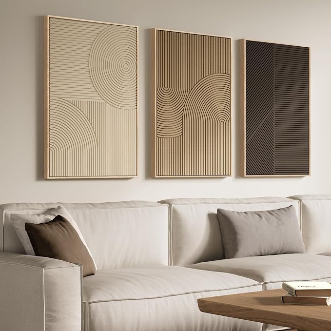 Large 3D Textured Framed Neutral Abstract Wall Art Set, 3 Piece 24x36 In | by Cuspin