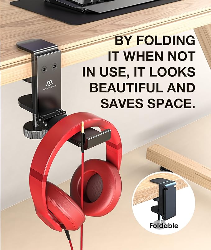 APPHOME Headphone Stand Hook for Desk, Foldable Under Table Headset Holder with Built-in Cable Clip Organizer, Clamp Hanger Mount for PC Gaming, Office, Backpack, Bag, Purse Hanging