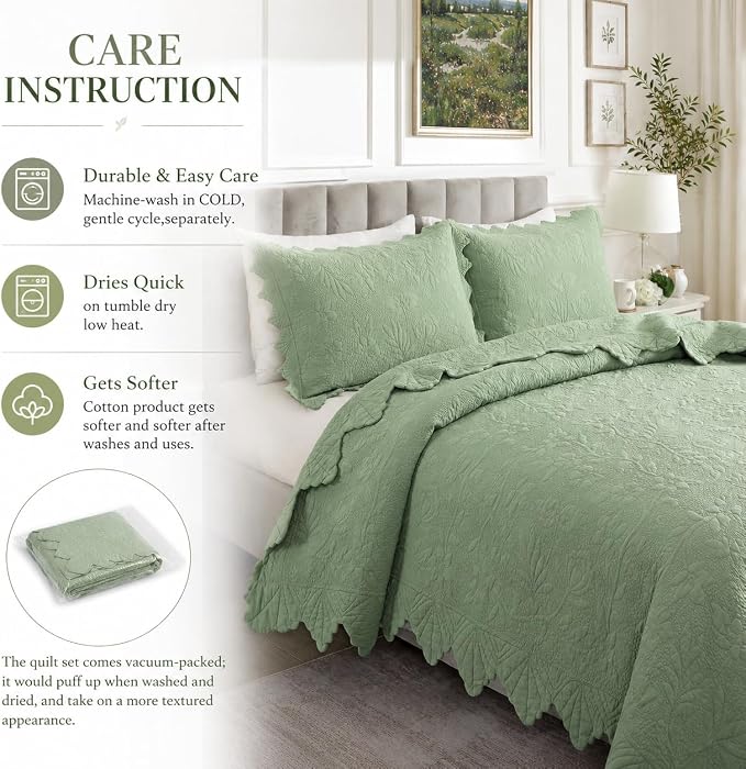 Brandream Premium Sage Green Cotton Quilt Set Queen Size Floral Vine Stitching - Image 5