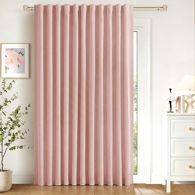 Linen Textured Total Blackout Sliding Door Curtains 96 Inches Long, Blush Pink by 100BlackoutShield